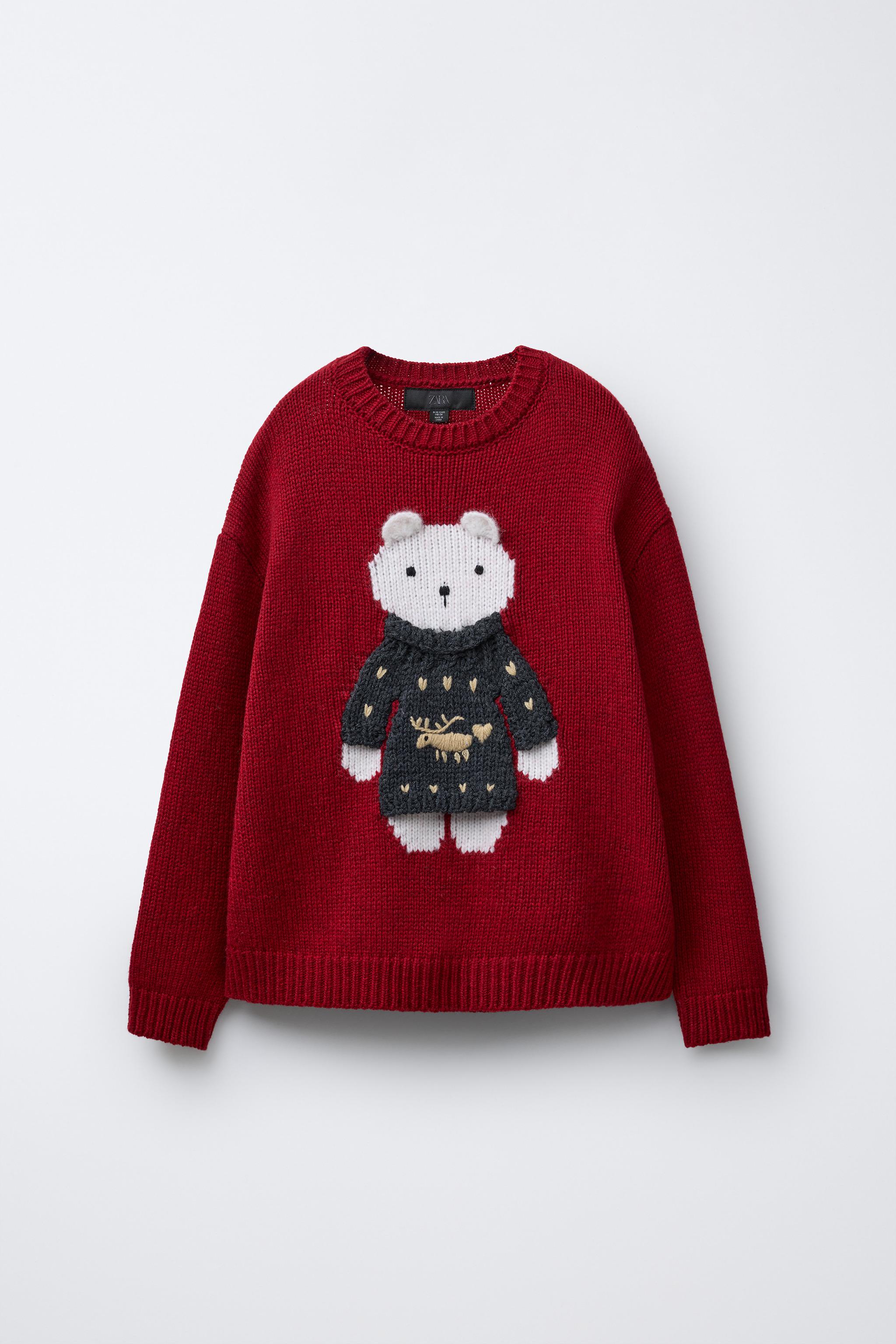 AGES 7-12 / WOOL BLEND KNIT SWEATER WITH EMBROIDERED BEAR